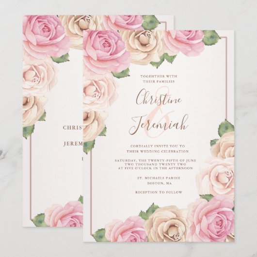Elegant Blush Pink Rose Waterverf Floral Wedding Kaart (Voorkant / Achterkant)