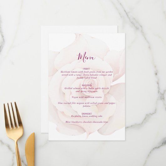 Elegant Blush Pink Rose Waterverf Floral Wedding Menu (Voorkant / Achterkant in situ)