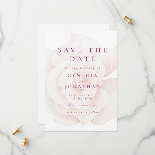 Elegant Blush Pink Rose Waterverf Floral Wedding Save The Date (Voorkant / Achterkant in situ)