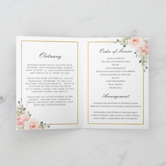 Elegant Blush Pink Roses Floral Foto Funeral Programma (Binnen)