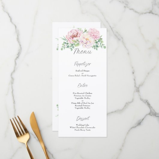 Elegant Blush Pink Roses Floral Wedding Menu (Voorkant / Achterkant in situ)