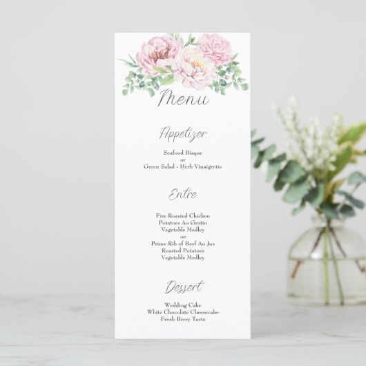 Elegant Blush Pink Roses Floral Wedding Menu (Staand voorkant)