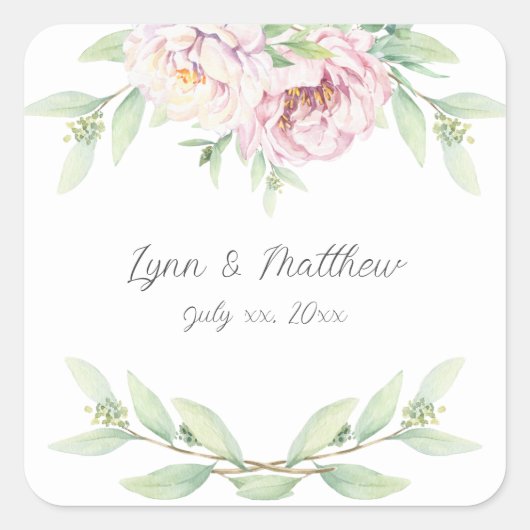 Elegant Blush Pink Roses Floral Wedding Vierkante Sticker (Voorkant)