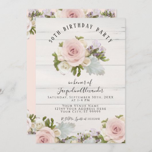 Elegant Blush Pink Roses Greenery Birthday Party Kaart (Voorkant / Achterkant)