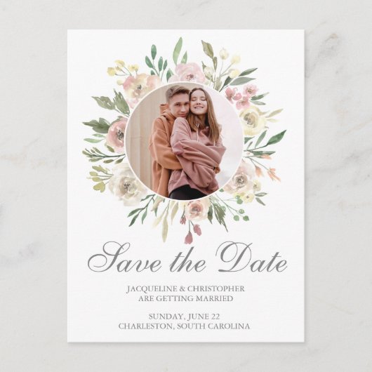 Elegant Blush Pink Sage Floral Foto Save the Date Briefkaart (Voorkant)