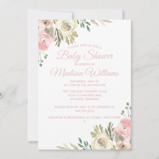 Elegant Blush Pink Sage Floral Girl Baby shower Kaart (Voorkant)