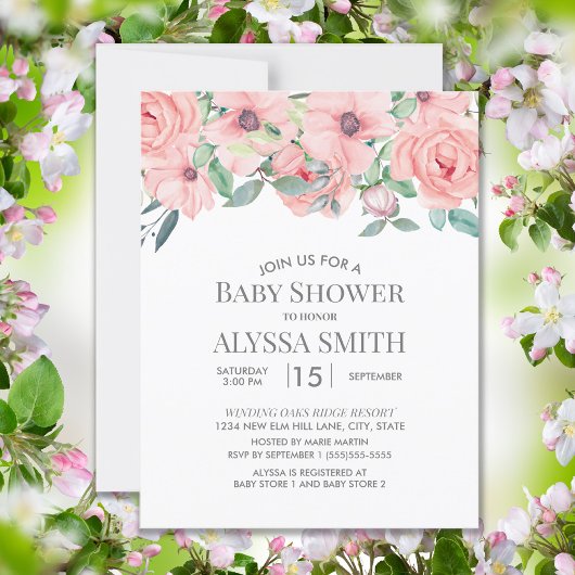 Elegant Blush Pink Sage Green Floral Baby shower Kaart