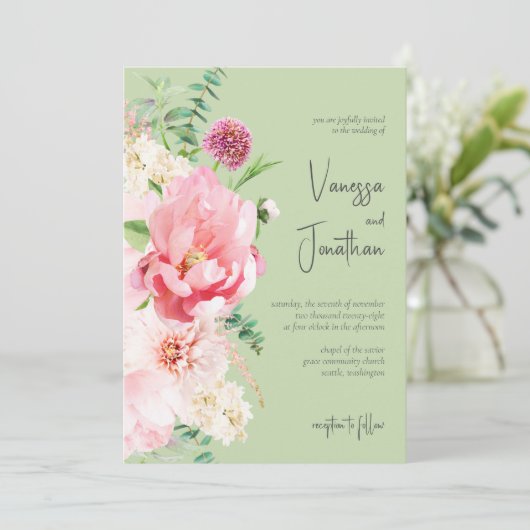 Elegant Blush Pink Sage Green Floral Kaart (Staand voorkant)