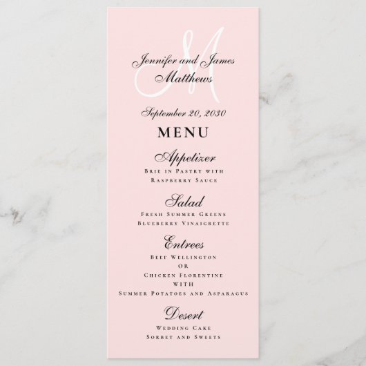 Elegant Blush Pink Script Monogram Weddenschap Menu (Voorkant)