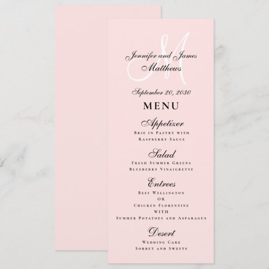 Elegant Blush Pink Script Monogram Weddenschap Menu (Voorkant / Achterkant)