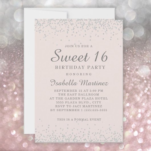 Elegant Blush Pink Silver Glitter Sweet 16 Kaart