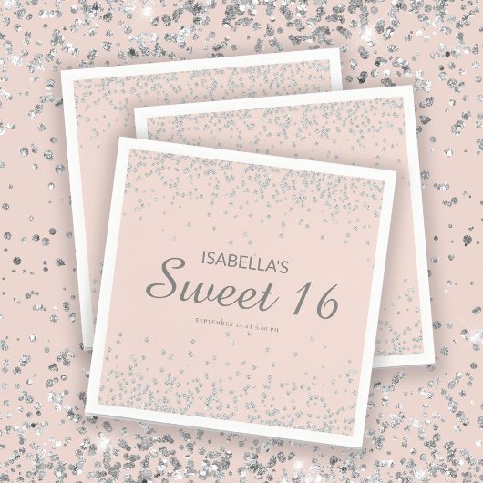 Elegant Blush Pink Silver Glitter Sweet 16 Name Servet