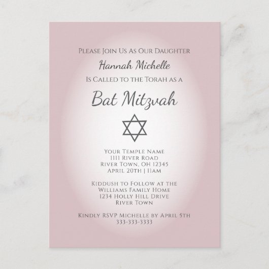 Elegant Blush Pink Simple Feminine Bat Mitzvah Uitnodiging Briefkaart (Voorkant)