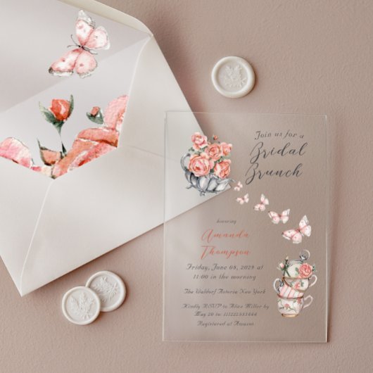 Elegant Blush Pink Tea Brunch Floral Vrijgezellenf Acryl Uitnodigingen