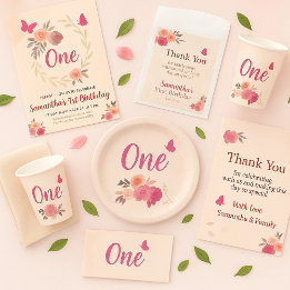 Elegant Blush Pink Watercolor Floral 1st Birthday  Kaart