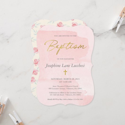 Elegant Blush Pink Waterverf en Gold Baptism Inv Kaart (Voorkant / Achterkant in situ)