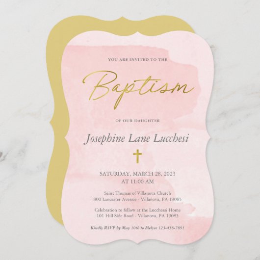 Elegant Blush Pink Waterverf en Gold Baptisme Kaart (Voorkant / Achterkant)