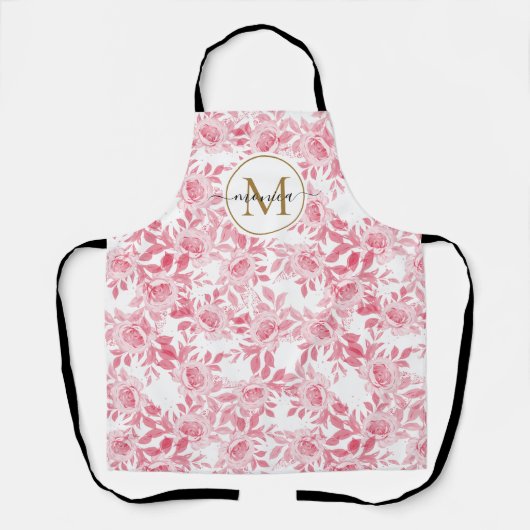Elegant Blush Pink Waterverf Floral Gold Monogram Schort (Voorkant)