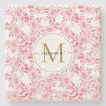Elegant Blush Pink Waterverf Floral Gold Monogram