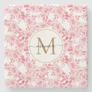 Elegant Blush Pink Waterverf Floral Gold Monogram Stenen Onderzetter