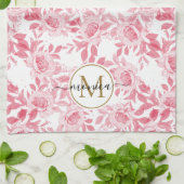Elegant Blush Pink Waterverf Floral Gold Monogram Theedoek (Gevouwen)