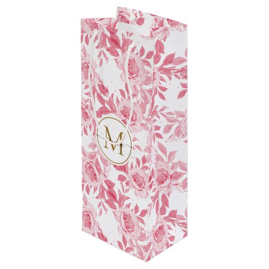 Elegant Blush Pink Waterverf Floral Gold Monogram Wijn Cadeautas (Achterkant Gekanteld)