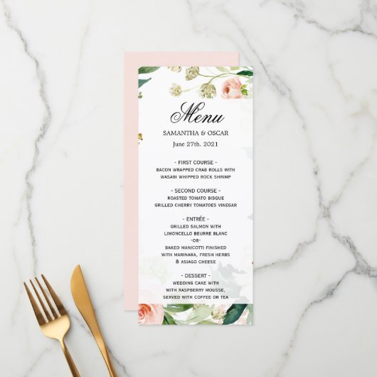 Elegant Blush Pink Waterverf Floral Lijst Menu (Voorkant / Achterkant in situ)