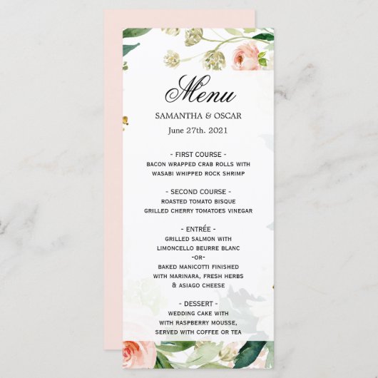 Elegant Blush Pink Waterverf Floral Lijst Menu (Voorkant / Achterkant)