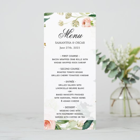Elegant Blush Pink Waterverf Floral Lijst Menu (Staand voorkant)