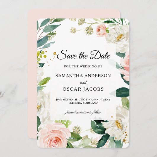 Elegant Blush Pink Waterverf Floral Lijst Save The Date (Voorkant / Achterkant)