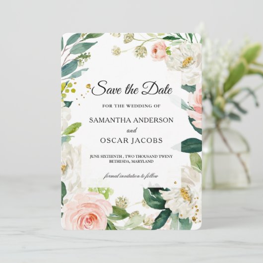 Elegant Blush Pink Waterverf Floral Lijst Save The Date (Staand voorkant)