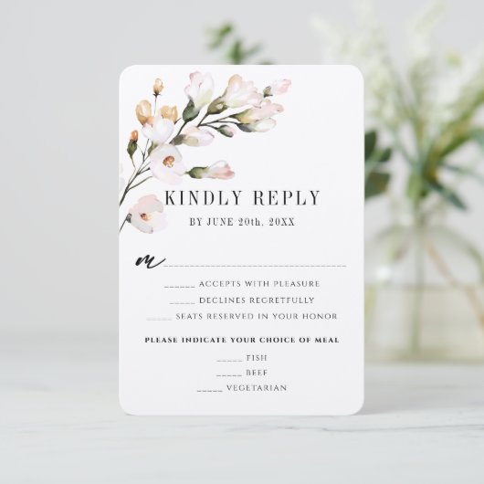 Elegant Blush Pink Waterverf Floral Meal Choice RSVP Kaartje (Staand voorkant)