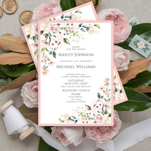 Elegant Blush Pink Waterverf Floral Wedding Kaart