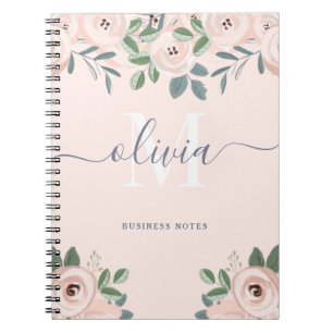 Elegant Blush Pink Waterverf Flowers   Monogram Notitieboek