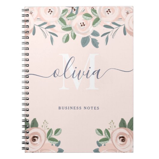 Elegant Blush Pink Waterverf Flowers | Monogram Notitieboek (Voorkant)