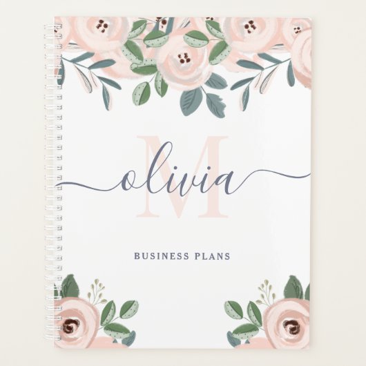 Elegant Blush Pink Waterverf Flowers | Monogram Planner (Voorkant)