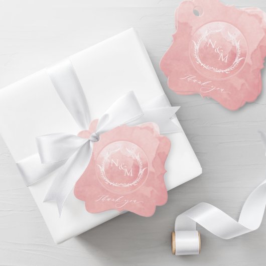 Elegant Blush Pink Waterverf Monogram Weddenschap Bedankjes Labels