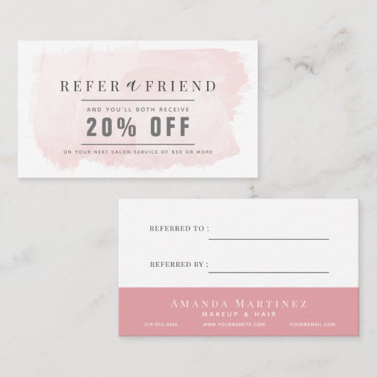 Elegant Blush Pink Waterverf Salon Referral Visitekaartje (Voorkant / Achterkant)