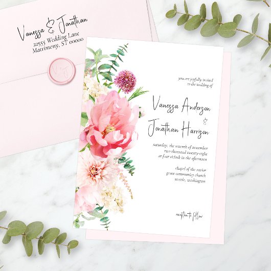 Elegant Blush Pink White Floral Romantic Wedding Kaart