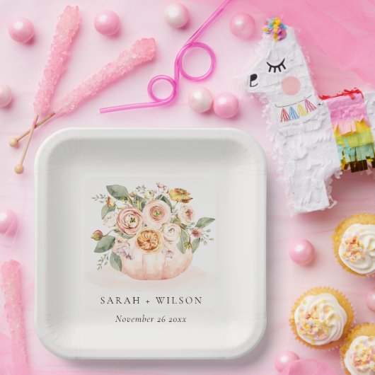 Elegant Blush Pink White Pumpkin Floral Wedding Papieren Bordje (Feest)