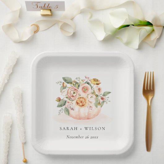 Elegant Blush Pink White Pumpkin Floral Wedding Papieren Bordje (Huwelijk)