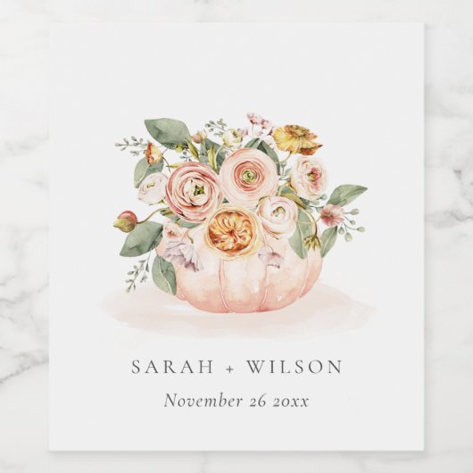 Elegant Blush Pink White Pumpkin Floral Wedding Wijn Etiket (Enkel label)