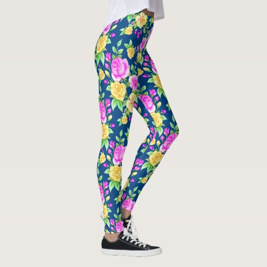 Elegant Blush Pink Yellow Rose Floral Pattern Leggings (Rechts)