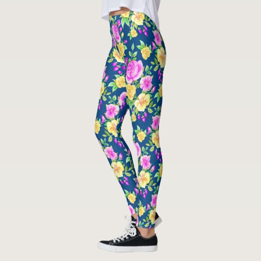 Elegant Blush Pink Yellow Rose Floral Pattern Leggings (Links)
