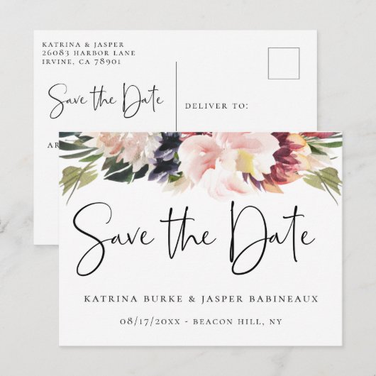 Elegant Blush Plum Floral Save the Date Aankondigingskaart (Voorkant / Achterkant)