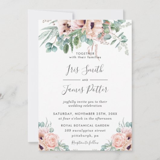 Elegant Blush Poppy Roos Bloemen Groen Bruiloft Kaart (Voorkant)