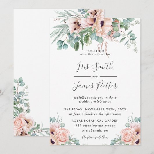 Elegant Blush Poppy Roos Bloemen Groen Bruiloft Kaart (Voorkant / Achterkant)