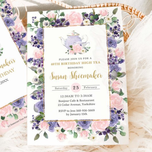 Elegant Blush & Purple Floral Tea Party Birthday Kaart