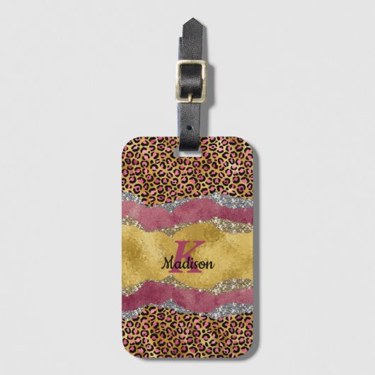 Elegant blush roos dierlijk afdruk glitterijmonogr bagagelabel (Voorkant (verticaal))