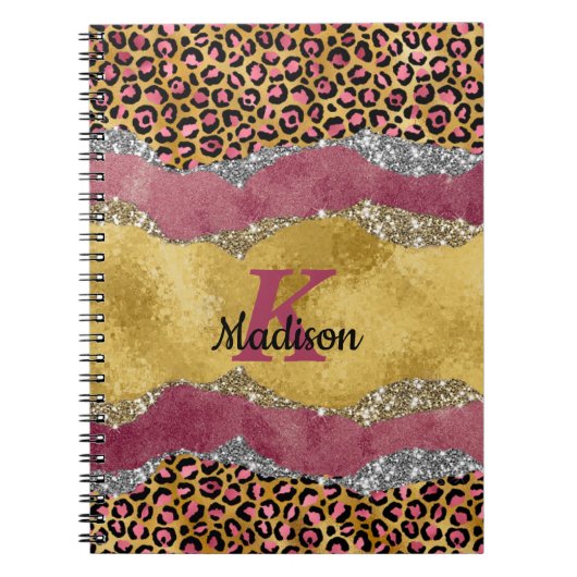 Elegant blush roos dierlijk afdruk glitterijmonogr notitieboek (Voorkant)